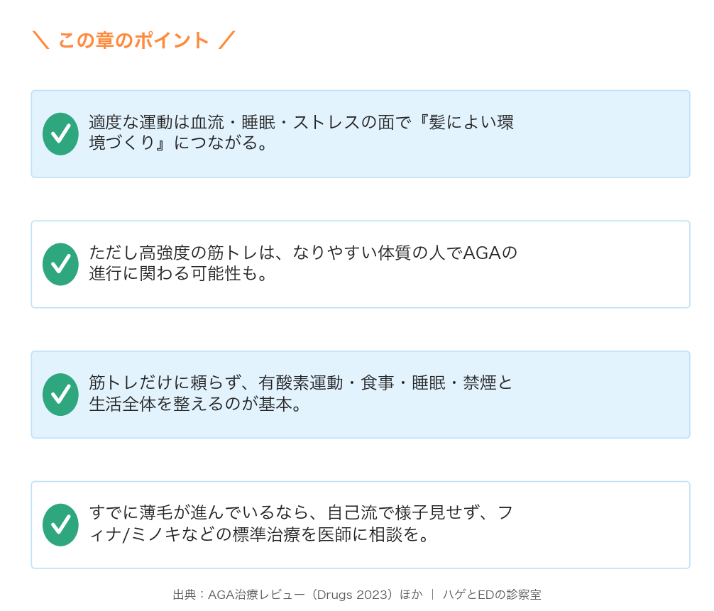 運動は環境づくり・高強度は体質次第で進行も・生活全体を整える・進行時は標準治療