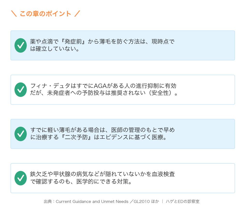 薬での発症前予防は未確立／軽い薄毛は早めの治療／鉄欠乏・甲状腺の検査