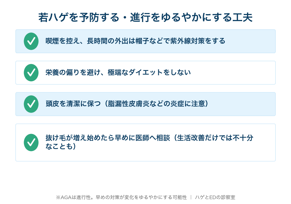 喫煙/紫外線対策・栄養・頭皮環境・早めに医師相談