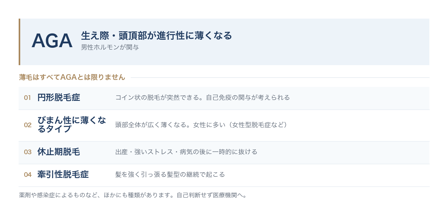 薄毛にはAGA以外に円形脱毛症・薬剤性・瘢痕性などがある