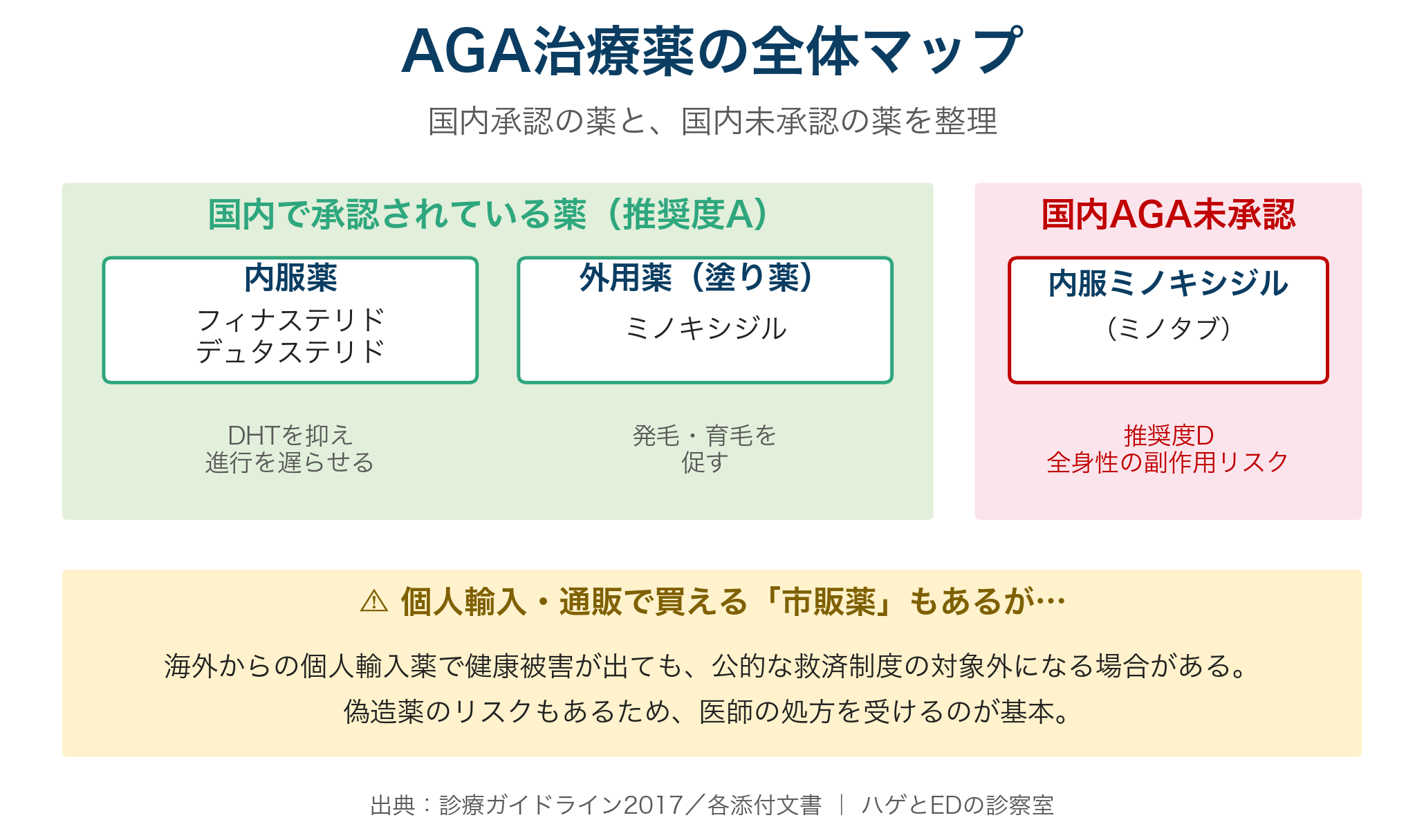 AGA治療薬の全体マップ。内服・外用の承認薬と国内未承認薬の整理