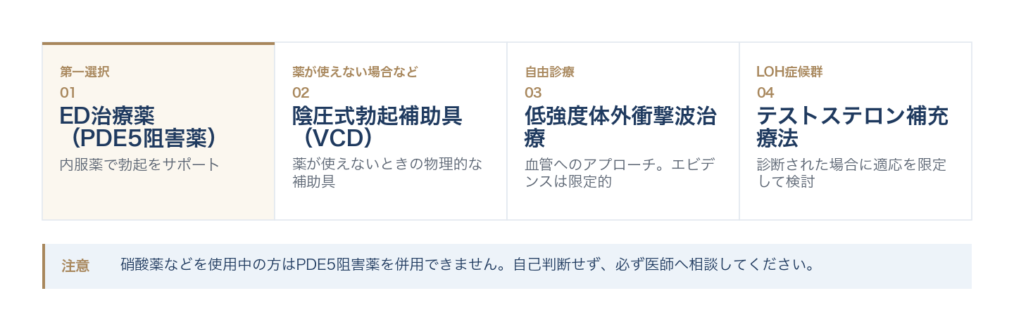 ED治療薬、陰圧式勃起補助具、低強度体外衝撃波治療、テストステロン補充療法の選択肢